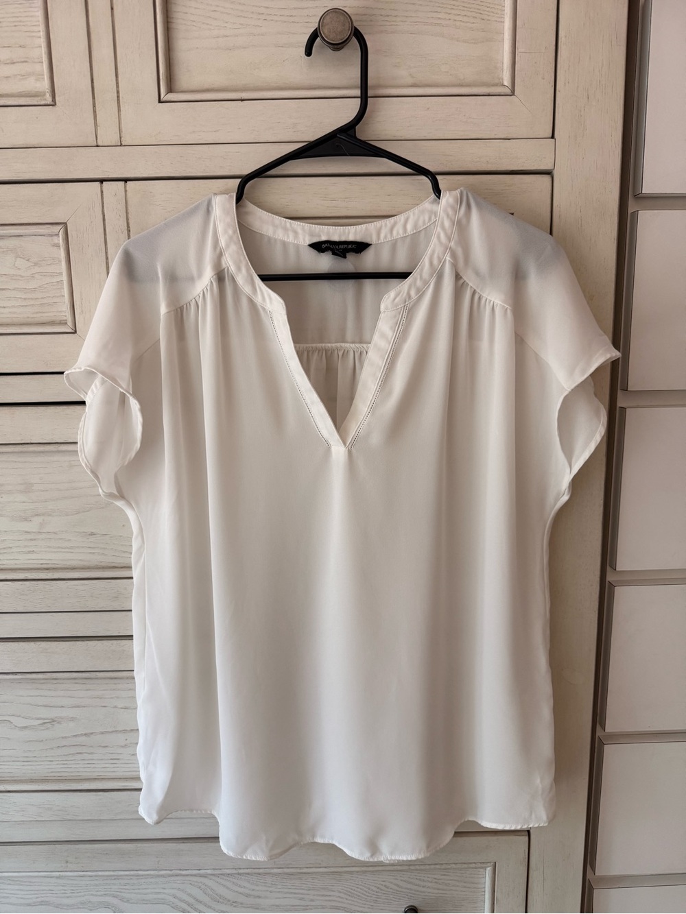 Banana Republic Cream Split-Neck Flutter Sleeve Blouse, relaxed, flowy fit
